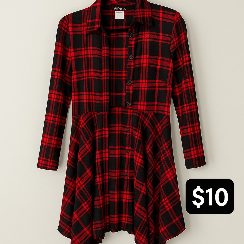 VENUS Red and Black Checkered Shirt Dress